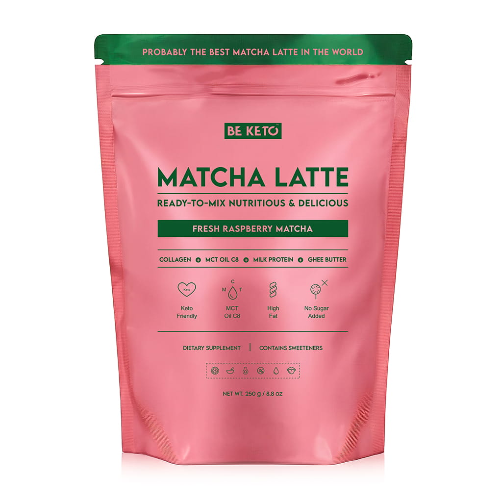 Matcha-Latte-Rasspberry.jpg Matcha Latte (Olio MCT C8 & Collagene & Ghee) – Lampone Fresco 250g
