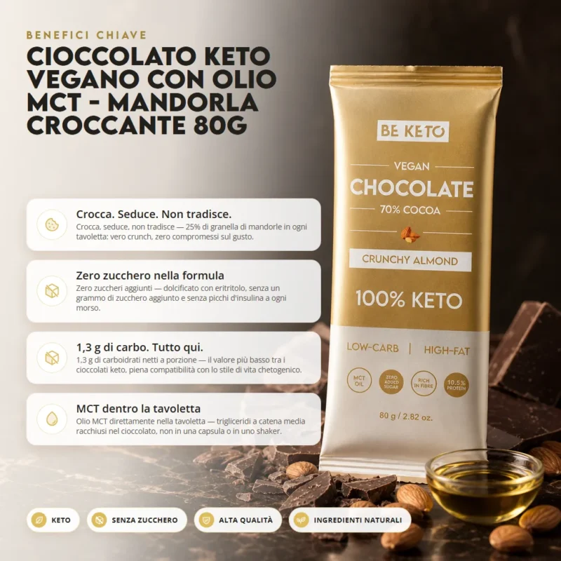Cioccolato Keto Vegano con Olio MCT – Mandorla Croccante 80g