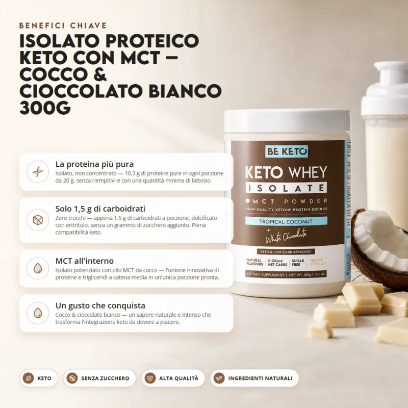 Isolato Proteico Keto con MCT – Cocco e Cioccolato Bianco 300g