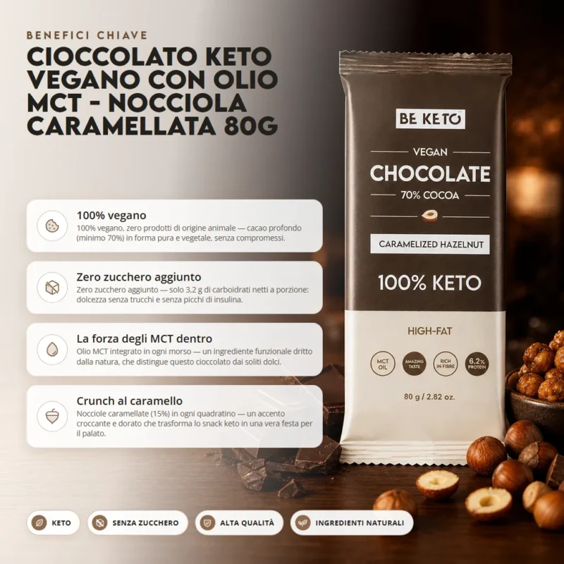 Cioccolato Keto Vegano con Olio MCT – Nocciola Caramellata 80g