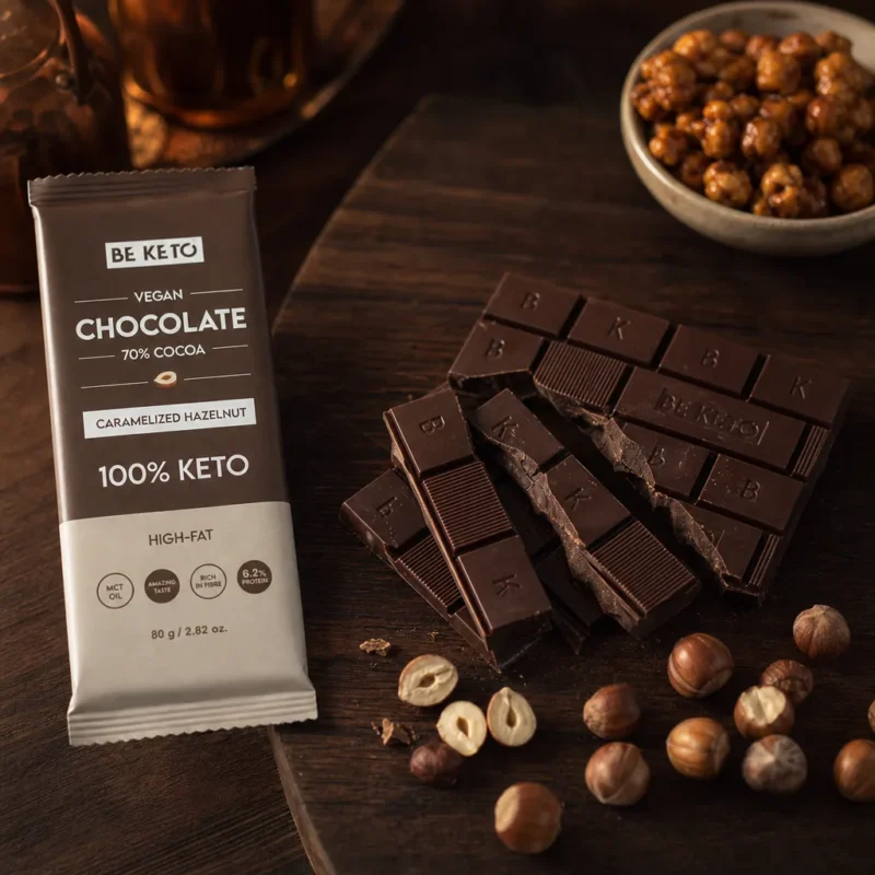 Cioccolato Keto Vegano con Olio MCT – Nocciola Caramellata 80g