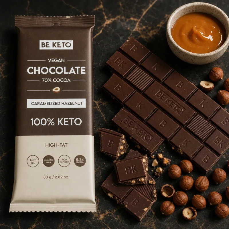 Cioccolato Keto Vegano con Olio MCT – Nocciola Caramellata 80g