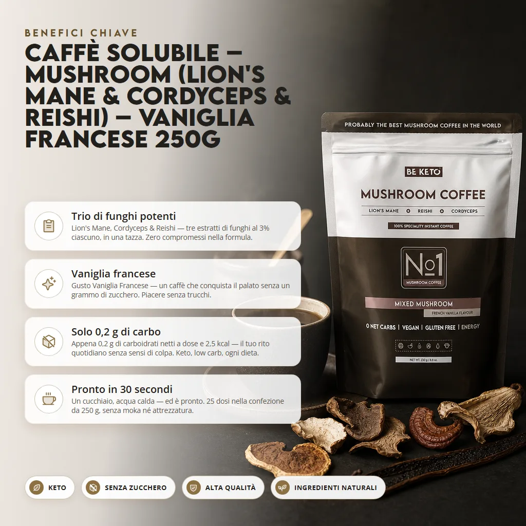 Caffè Solubile – Mushroom (Lion’s Mane e Cordyceps e Reishi) – Vaniglia Francese 250g