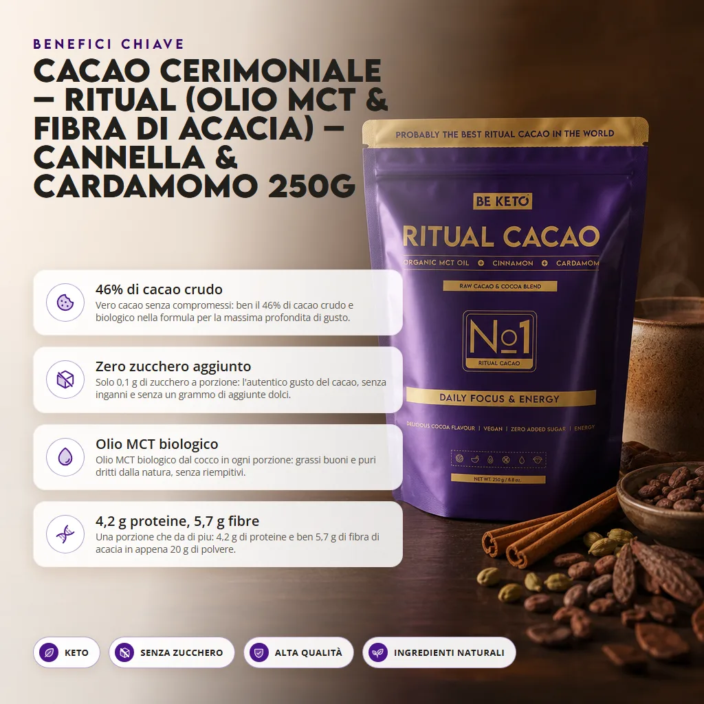 Cacao Cerimoniale – Ritual (Olio MCT & Fibra di Acacia) – Cannella & Cardamomo 250g