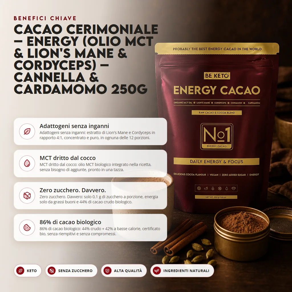 Cacao Cerimoniale – Energy (Olio MCT & Lion’s Mane & Cordyceps) – Cannella & Cardamomo 250g