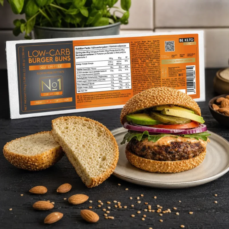Panini Keto Senza Glutine per Burger 2x85g – Lifestyle 1 Panini Keto Senza Glutine per Burger 2x85g