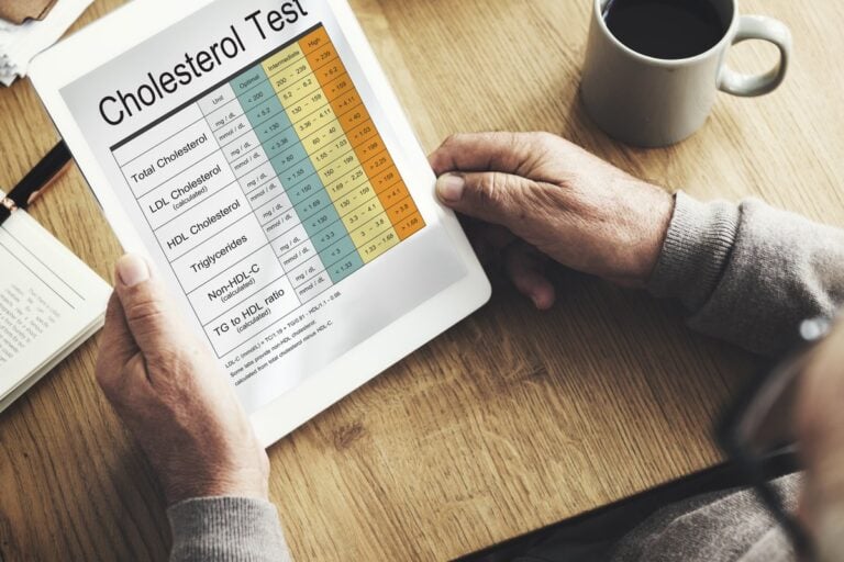 Mani che tengono un tablet con i risultati di un test del colesterolo, accanto a una tazza di caffè